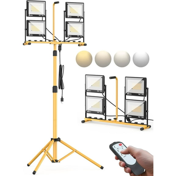 32000 Lumen LED Work Light with Stand & Remote, 4-Head 280W Portable Tripod Light with 16.5FT Cord, 3000K6000K Adjustable, Waterproof Light for Indoor & Outdoor Job Site Workshop Construction