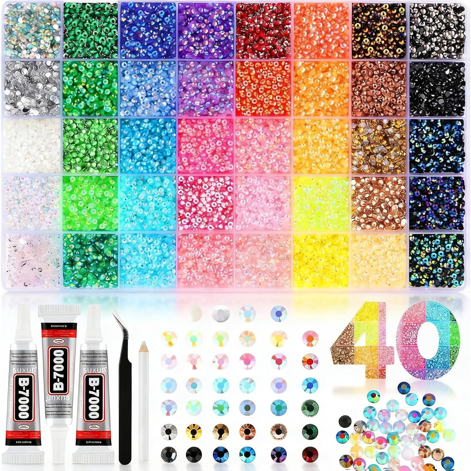 32000 Pcs Colorful DIY Resin Rhinestone Kit, 2-3 mm Multicolor Flatback Small Gems Bedazzling Kit for Diamond Art, Clothes, Shoes,Nail Art,Book Decor & Bling DIY Crafting Projects (40 Grids 24000 A)