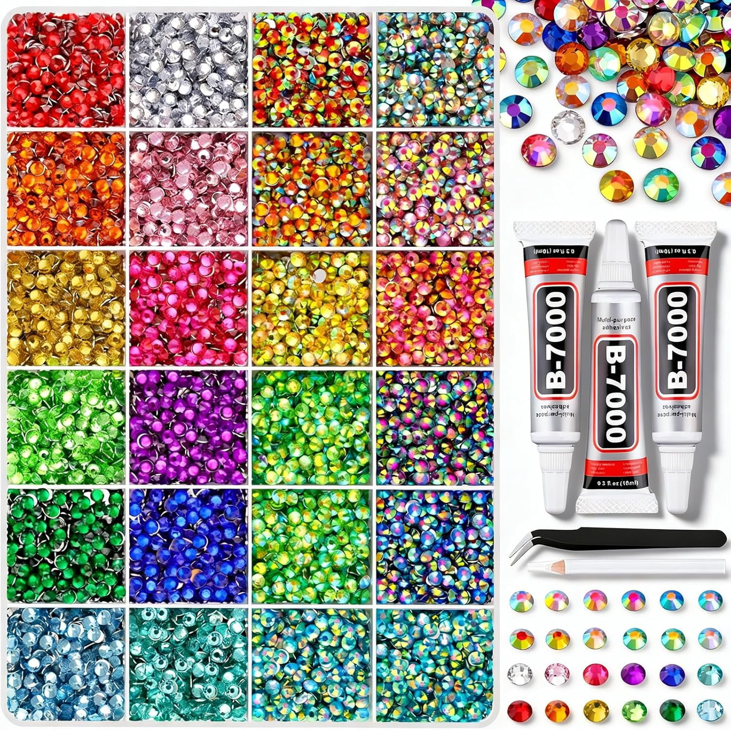 32000 Pcs Colorful DIY Resin Rhinestone Kit, 2-3 mm Multicolor Flatback Small Gems Bedazzling Kit for Diamond Art, Clothes, Shoes,Nail Art,Book Decor & Bling DIY Crafting Projects (24 Grids 24000 B)