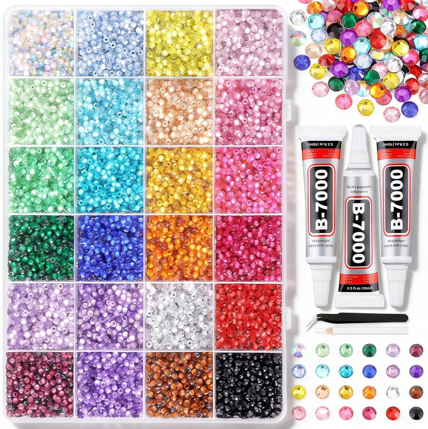 32000 Pcs Colorful DIY Resin Rhinestone Kit, 2-3 mm Multicolor Flatback Small Gems Bedazzling Kit for Diamond Art, Clothes, Shoes,Nail Art,Book Decor & Bling DIY Crafting Projects (24 Grids 24000 A)