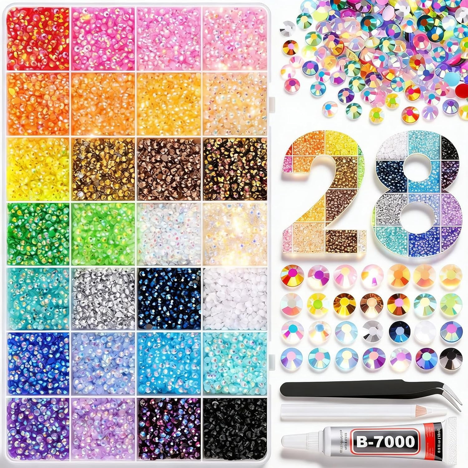 32000 Pcs Colorful DIY Resin Rhinestone Kit, 2-3 mm Multicolor Flatback Small Gems Bedazzling Kit for Diamond Art, Clothes, Shoes,Nail Art,Book Decor & Bling DIY Crafting Projects (28 Grids 24000 A)