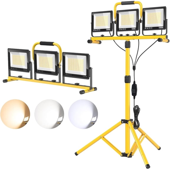 32000LM  Work Light with Tripod, 3x100W 3- Floodlight, Plug-in 120V, 3 CCT 3000K/5000K/6500K, 360? Adjustable, IP66, 43.7-65.4 in, 16.4 ft Cord, Portable Telescoping Stand for Jobsite/Workshop