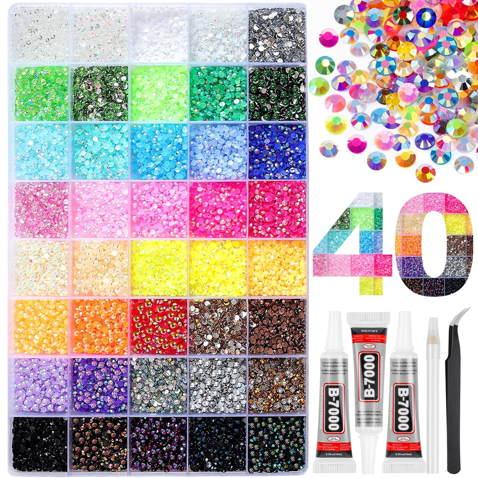 32000Pcs 40 Colors Resin Jelly Rhinestones for Bedazzling, 3mm Multicolor Flatback Gems for Crafting, Bedazzler Kit with 3Pcs 10ml B7000 Glue for Clothes Book Shoes Nails Art Makeup