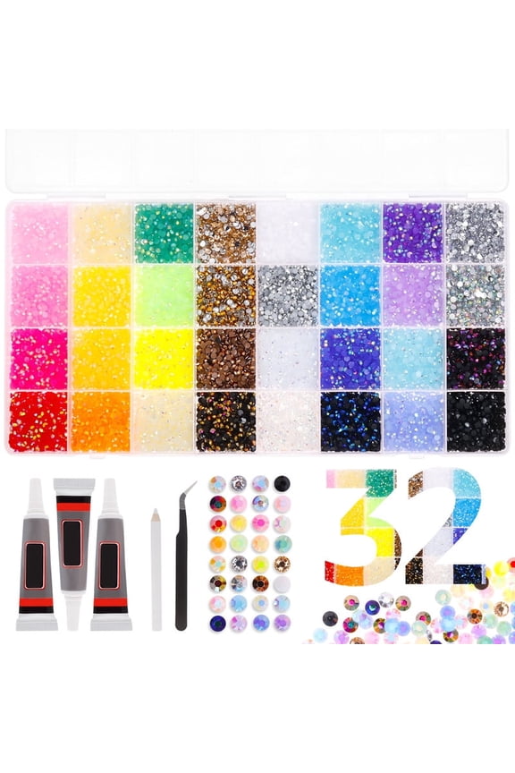 32000Pcs Resin Jelly Rhinestones for Bedazzling, Multicolor 3mm Flatback Gems for Diamond Art, Bedazzler Kit with 3Pcs 10ml B7000 Jewelry Glue for Nail Art Crafting Book Makeup