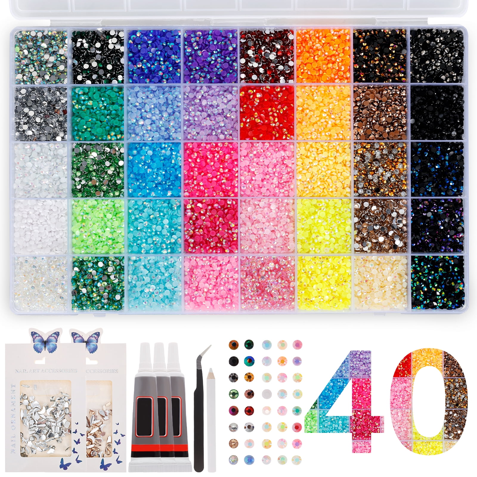 32000Pcs Resin Rhinestones with B7000 Jewelry Glue for Bedazzling Crafting, Rainbow Crystals Flat Back Gems with Craft Adhesive for DIY Graduation Cap Clothes Tumblers Shoes Nails and Face