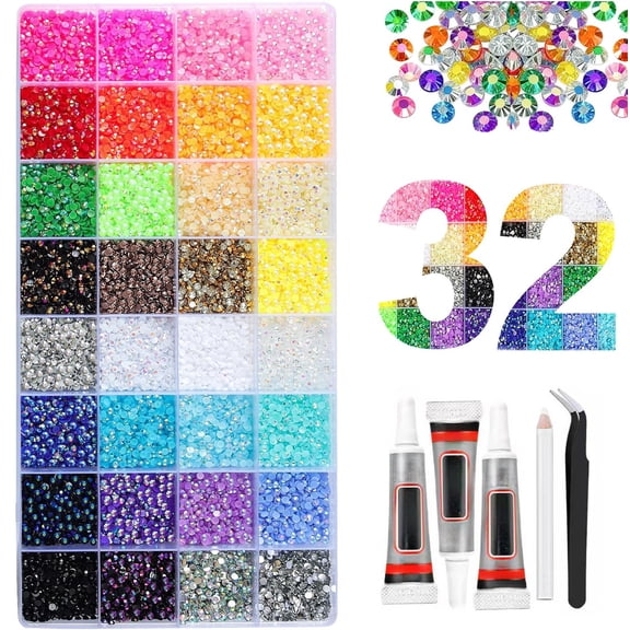 32000Pcs Rhinestones for Bedazzling 32 Assorted Shades 3mm Jelly Flatback Resin Gem Pack For Diamond Art Shoe Nail Hand Decor