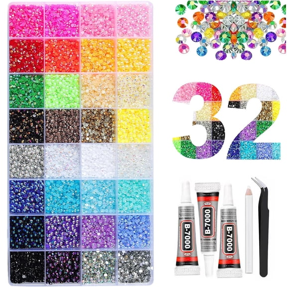 32000Pcs Rhinestones for Bedazzling 3mm Multihue Jelly Resin Flat Gems Bedazzling Kit With 3Pcs Glue For Shoe Nail Book Craft Decor