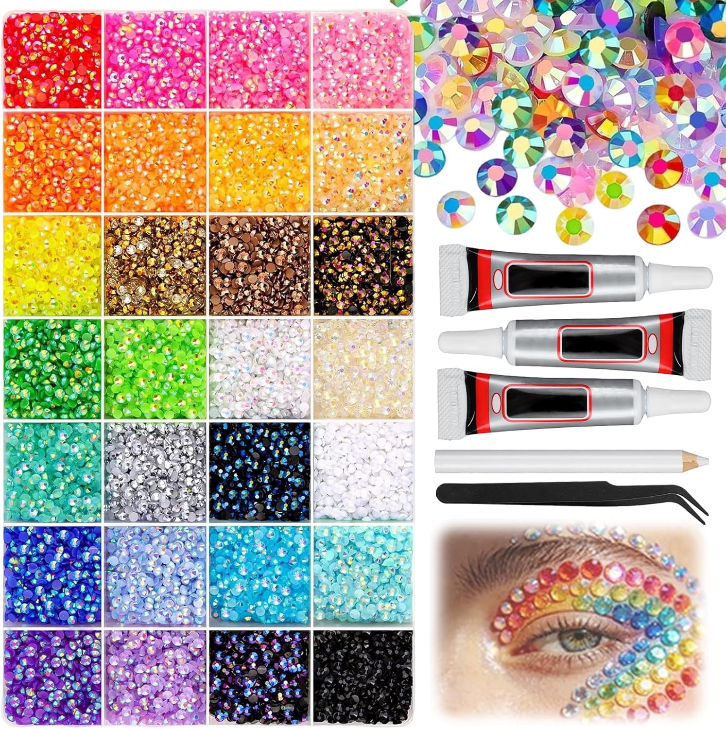 32000pcs Colorful DIY Resin Rhinestone Kit, Resin Jelly Rhinestones for Bedazzling, Multicolor Flatback Gems for Diamond Art 3Pcs Jewelry Glue for Bedazzled Nail Art