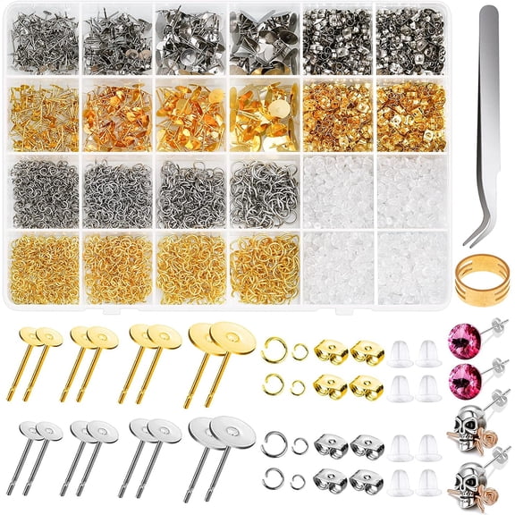 3202Pcs Earring Posts and Backs, Hypoallergenic Stud Earrings Making Supplies Kit Including Stainless Steel Earring Post Earring Backs, Rubber Earring Backs, Jump Rings for Jewelry Making