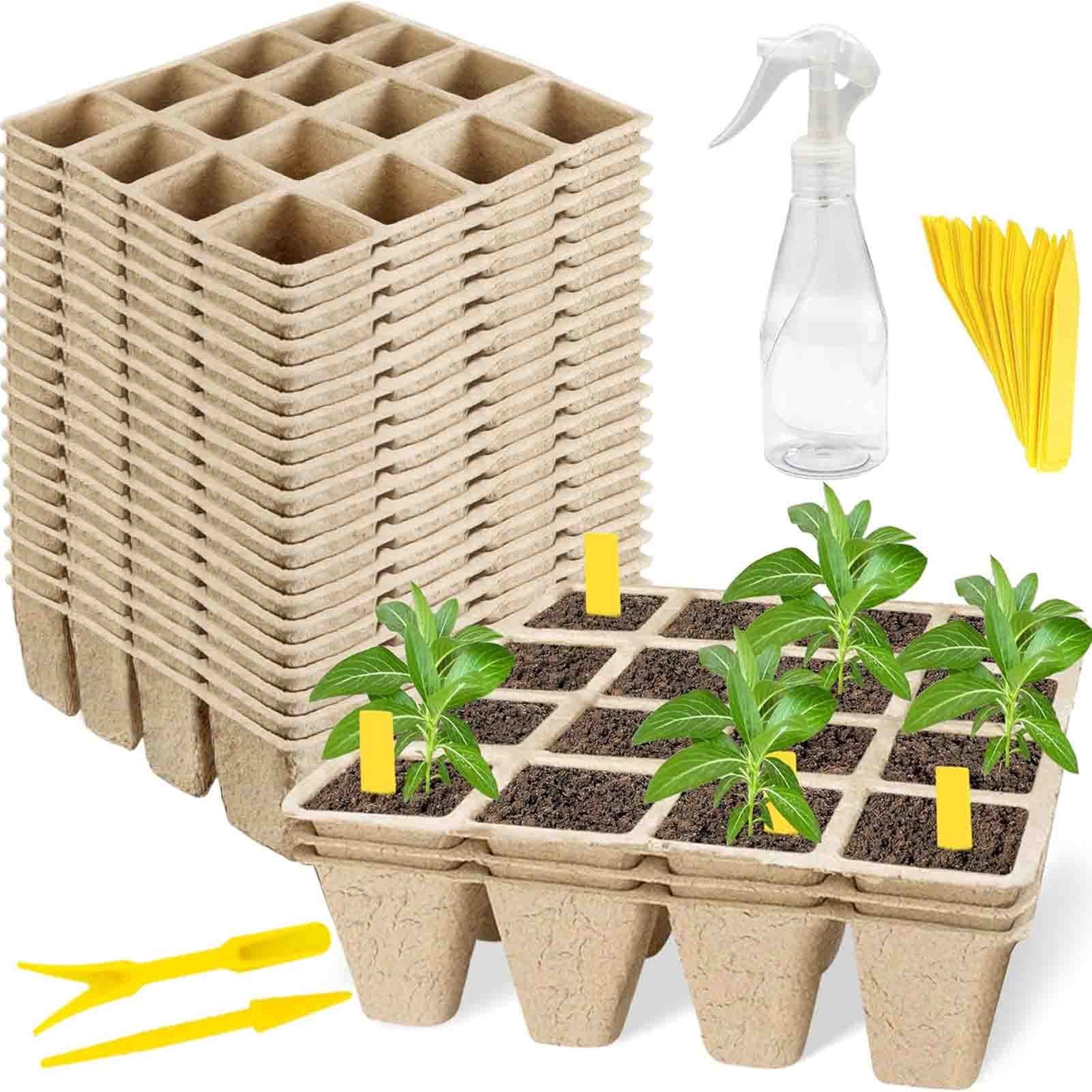 320Cells Seedling Start Trays with Drain Holes,20pcs Peat Pots Seedling Pots Biodegradable,Seedling Starter Kit,Organic Germination Plant Starter Trays(200xLabels,2xTransplant Tools,1xSpray Bottle)