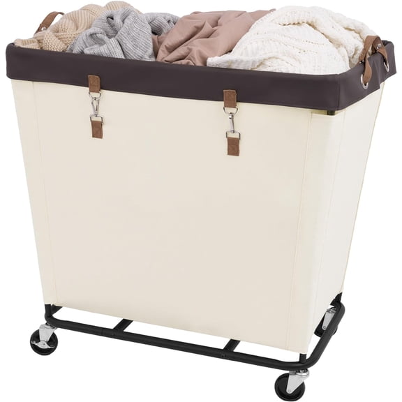 320L Extra Large Beige Laundry Basket with Wheels, Rolling Hamper with Metal Frame and Handles for Bedroom, Bathroom, Hotel Use