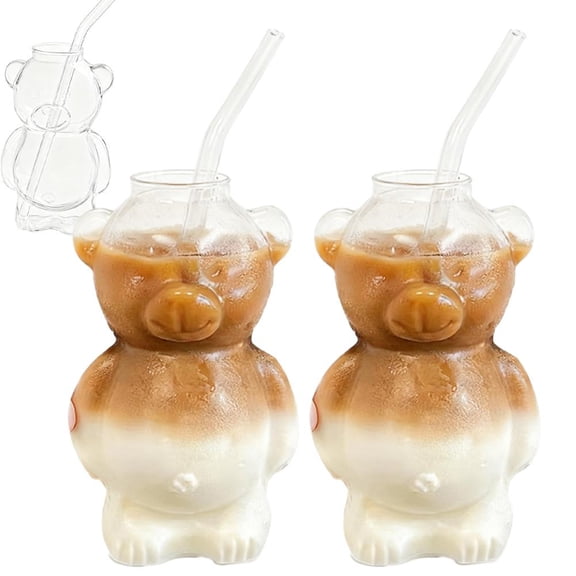 320ML Cartoon Bear Shaped Coffee Mug Cute Bear Glass Milk Cups Coffee with Cup B6I4 Water Straw