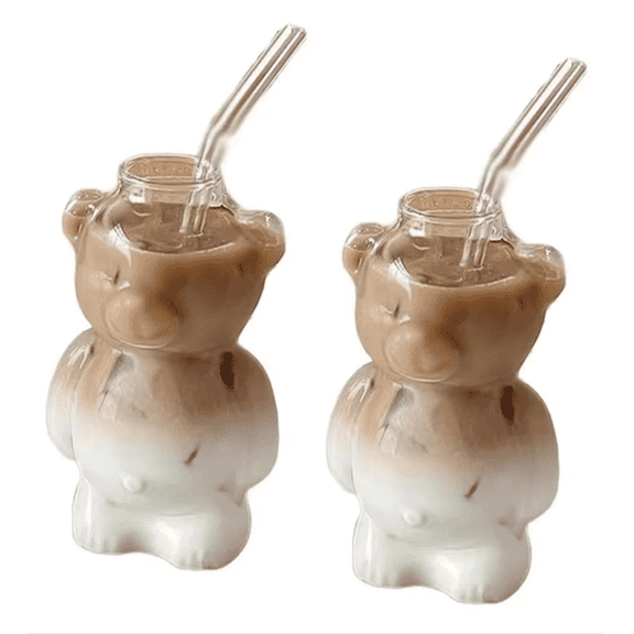 320ML Cartoon Bear Shaped Coffee Mug Cute Bear Mug Glass Cup with Straw Transparent Innovative Milk Coffee Water Cups,2 x Bear Cup 2 x straw,As Shown