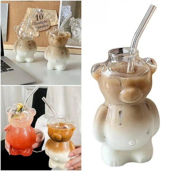 320ML Cartoon Bear Shaped Coffee Mug Cute Bear Mug Glass Cup with Straw Transparent Innovative Milk Coffee Water Cups