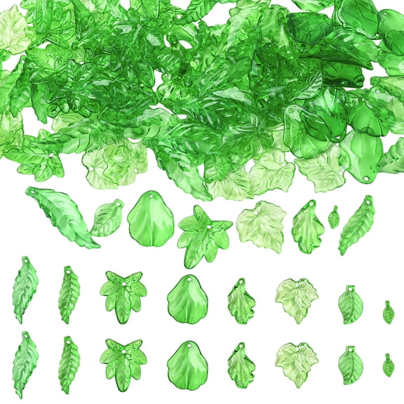 320Pcs 8 Styles Plastic Leaf Charms Beads Green Plant Charms Transparent Acrylic Spring Summer Plants Leaves Pendants DIY