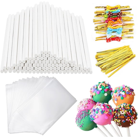320Pcs Cake Pop Sticks and Wrappers Kit, 6inch Lollipop Sticks with Cake Pop Bags and Metallic Twist Ties Bow, Perfect for Making Lollipops,Candies,Chocolates and Cookies - Great for Parties
