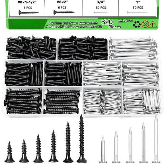 320Pcs Premium Hardware Nails & High Hardness Wood Screws Assortment Kit, 11 Sizes (1/2"-2"),Phillips Drive Flat Head, Wood Screws, Galvanized, Picture Hanging, Wood, Common Nails with Storage Box