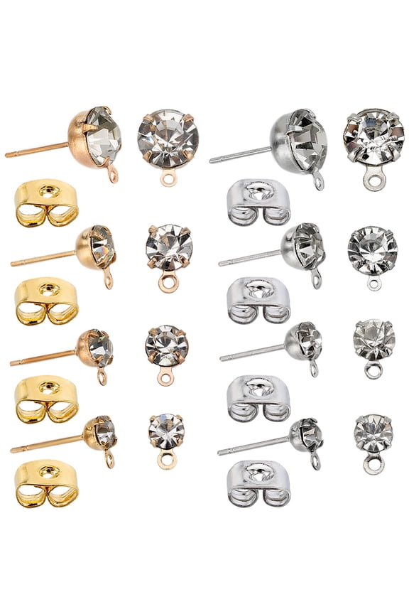 320Pcs Rhinestone Earring Post Stud Earrings with Loop Zircon Iron Gold Silver Earrings Findings with Butterfly Ear Backs DIY