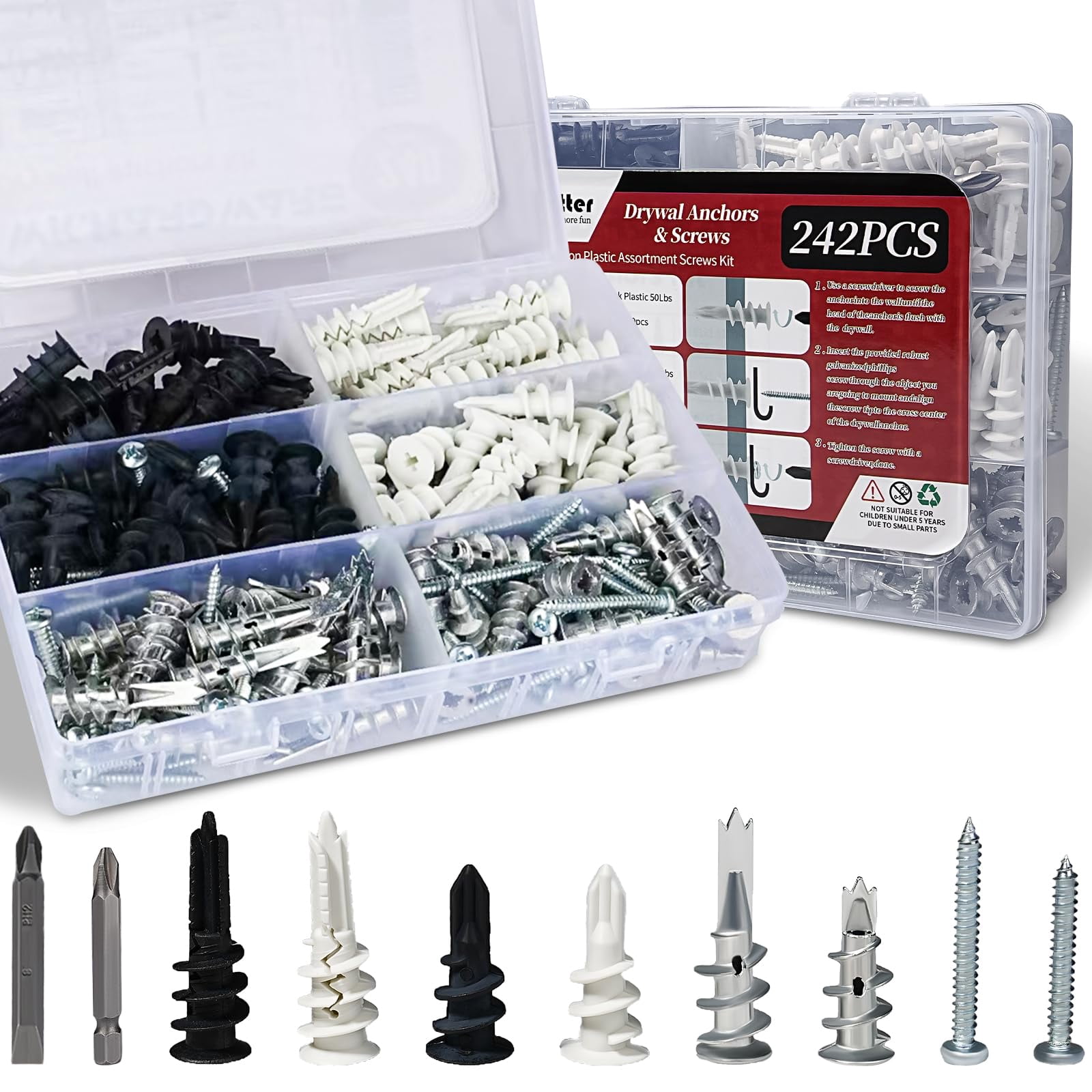 320Pcs Self Drilling Drywall Anchors and Screws Kit, 3 Sizes Nylon Wall Anchors for Hollow Walls, No Pre-Drilling Required, Holds Up to 75lbs (160 Anchors + 160 Screws)