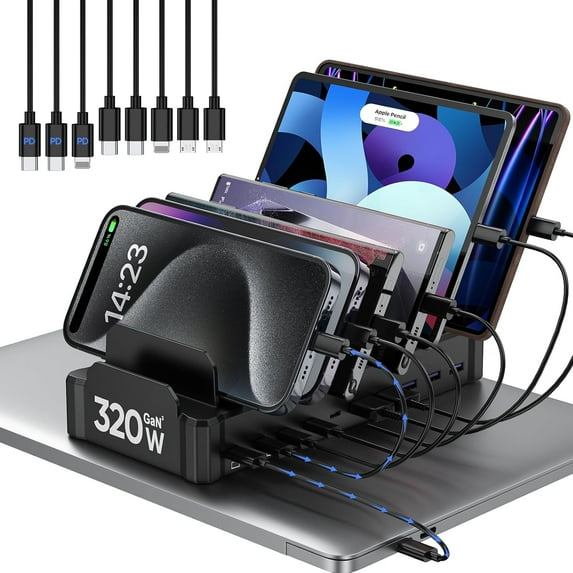 320W Charging Station for Multiple Devices, 10-Port USB C Fast Charger Stations for MacBook, iPhone, Android Cell Phone, iPad, Tablet, Family Multi-Device Organizer Charging Dock, Black