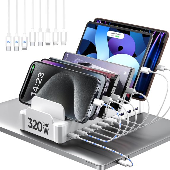 320W Charging Station for Multiple Devices, 10-Port USB C Fast Charger Stations for MacBook, iPhone, Android Cell Phone, iPad, Tablet, Family Multi-Device Organizer Charging Dock, White