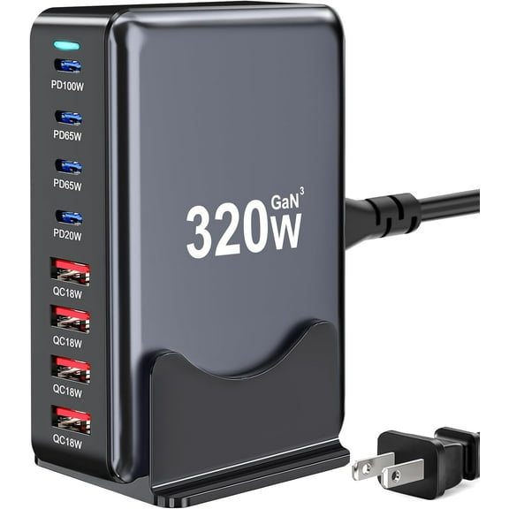 320W USB C Charger Block, 8-Port Fast USB Charging Station Hub PD 100W GaN  Pro Charging Station for Multiple Devices, Laptop Charger Adapter Compatible with MacBook, DELL, iPad, iPhone, Samsung etc