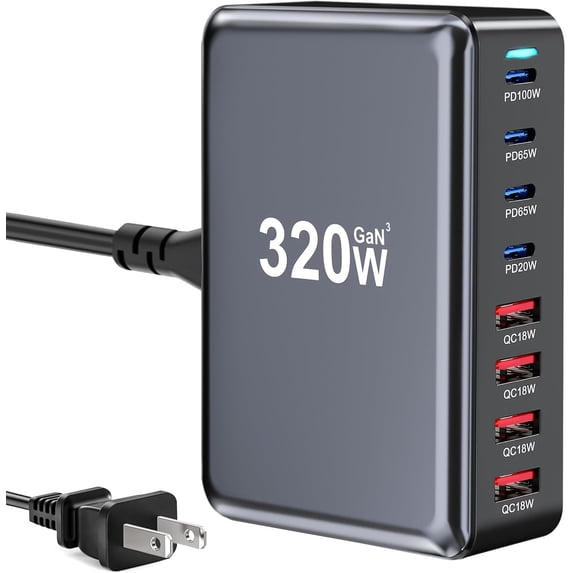 320W USB C Fast Charger Block, 8 Port USB Charging Station, GaN Ⅲ Pro ...
