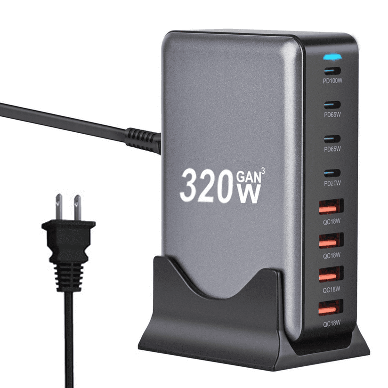 320W GaN 10-Port USB Type C Charging Station, 100W PD3.0 + QC3.0 Fast Charger Hub for Laptop, Phone, Tablet, Smartwatch - Safe & Reliable