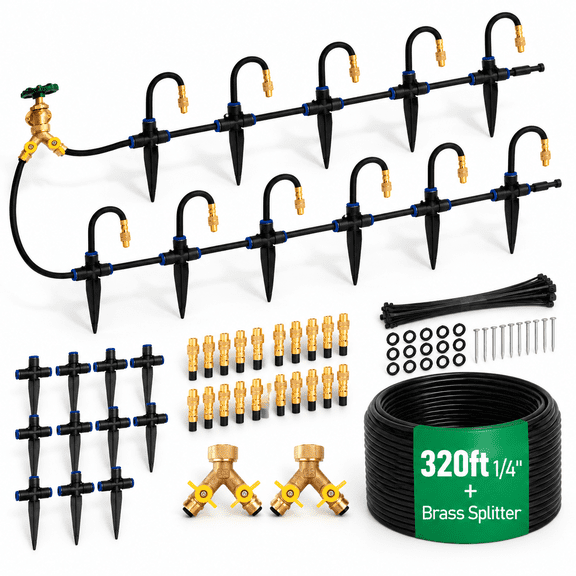 320ft Drip Irrigation System For Garden With 2-way Spiliter Tee-stake