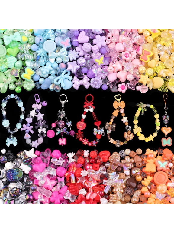 320g 10 Colors Mixed Acrylic Beads for Jewelry Making, Star Flower Bow Heart Cute Crystal Beads for Bracelets, Necklaces, Crafts, DIY Keychains Phone Charms