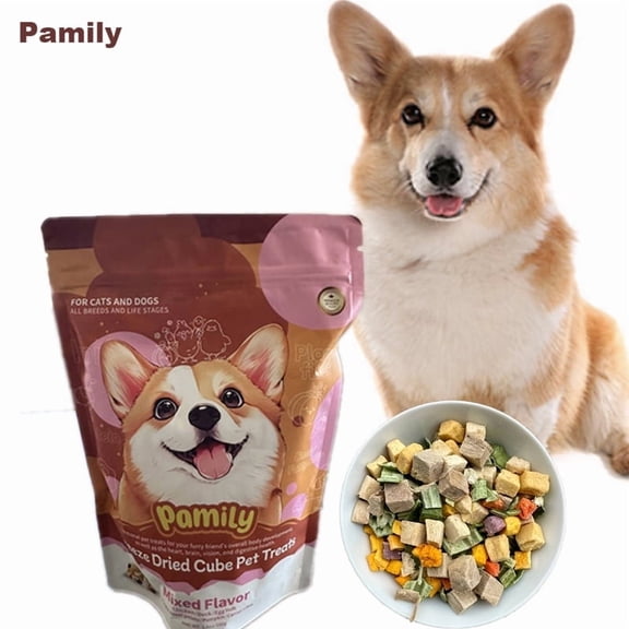 320g/11.2ozPamily Freeze Dried Cube Pet Treats Mixed Flavor for Dogs-Chicken, Duck, Egg Yolk, Purple sweet potato, Pumpkin, Carrot, Okra