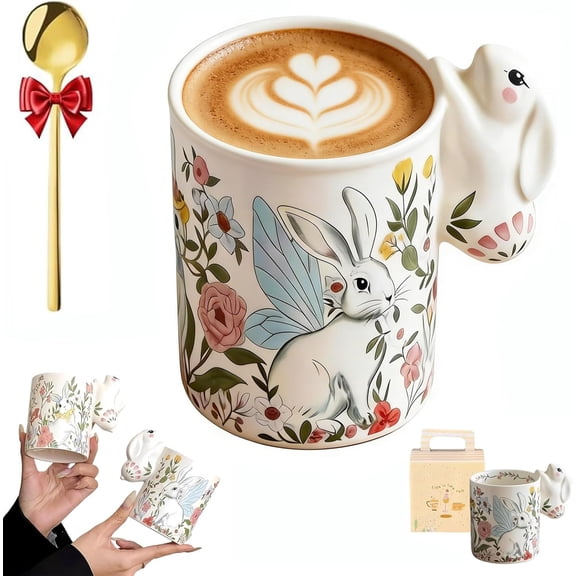 320ml Easter Bunny Cup 320ml Easter Rabbit Flowers Tea Cups Ceramic Coffee Mug with Cute Bunny Handle Birthday & Easter Gifts for Women Mom Friends Floral Mug for Latte Milk Cocoa Juice Hot Tea