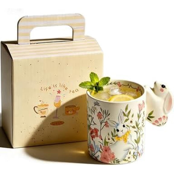 320ml Easter Bunny Cup, Ceramic Coffee Mug with Cute Bunny Handle, Cute Rabbit Themed Cups for Easter, Chic Animal Floral Themed Mugs for Easter Spring Party Home Decor Gift(wwx)