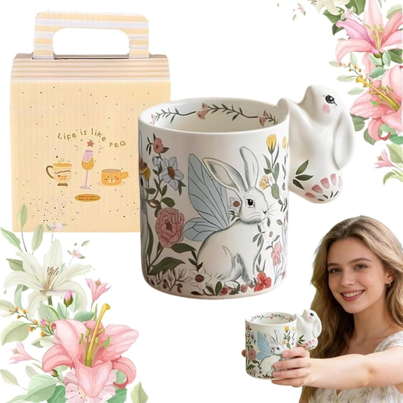 320ml Easter Bunny Cup, Ceramic Coffee Mug with Cute Bunny Handle, Cute Rabbit Themed Cups, Spring Flowers Tea Cups for Easter Spring Party Home Decor Gift, Gifts for Women, Men(Q)