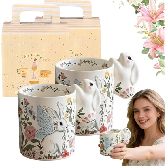 320ml Easter Bunny Cup, Ceramic Coffee Mug with Cute Bunny Handle, Cute Rabbit Themed Cups, Spring Flowers Tea Cups for Easter Spring Party Home Decor Gift