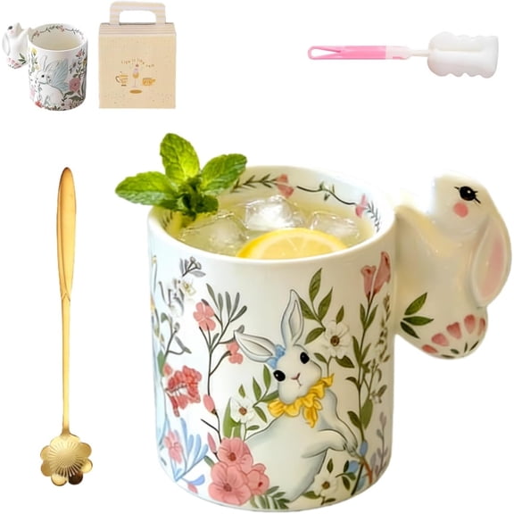 320ml Easter Bunny Cup,Ceramic Coffee Mug with Cute Bunny Handle,2026 Chic Animal Floral Themed Mugs for Easter Spring Party Home Decor Gift