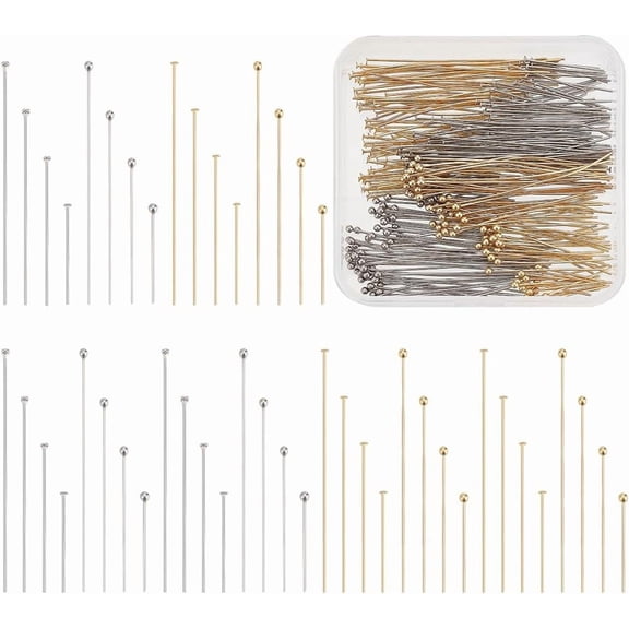 320pcs 4 Sizes Ball Head & Flat Head Pins 304 Stainless Steel Jewelry Making Pins 20/30/40/50mm Headpins 22G Bendable Pin for Beading & Dangle Earrings Golden/Stainless Steel Color