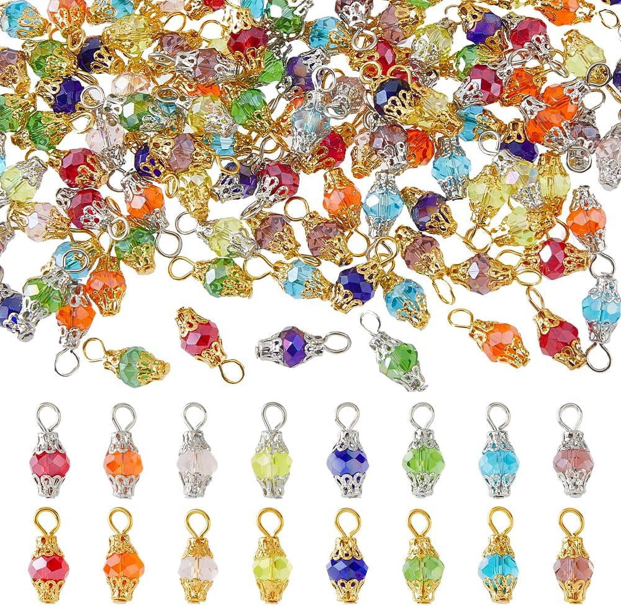 320pcs 6 Colors Crystal Dangle Charms Colorful Glass Crystal Pendants Glass Drop Bead Charm with Golden & Platinum Bead Cap for Necklace Bracelet Earring Jewelry Making