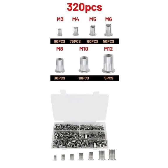 320pcs Assorted Rivnut Inserts Heavy Duty Rivet Nut Tool Set, Labor-Saving Ergonomic Design for Easy Operation, Multi-Size Threaded Nutsert Kit