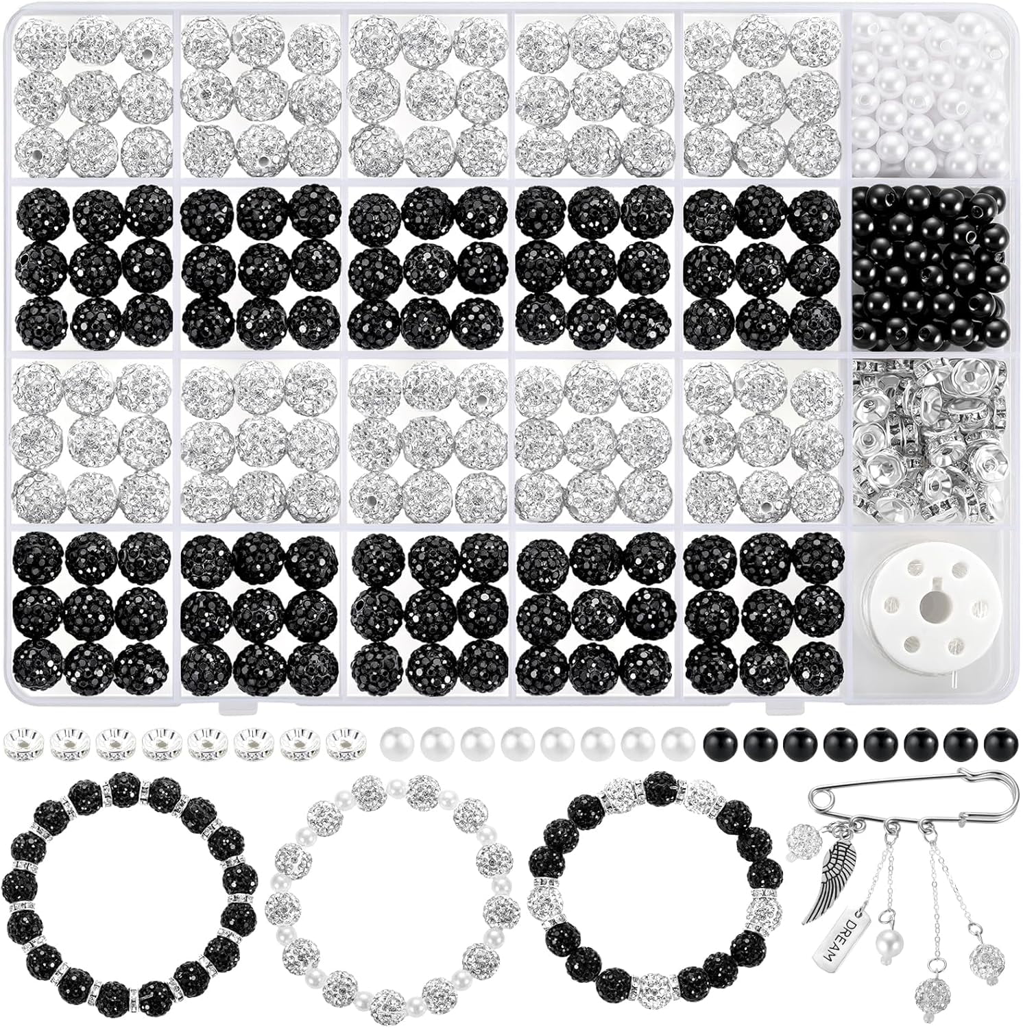 320pcs Rhinestone Beads for Jewelry Making, 10mm Black and White Beads Disco Ball Chunky Crystal Bead, Rhinestone Bubblegum Round Bead for DIY Bracelets Necklace Earring Supplies