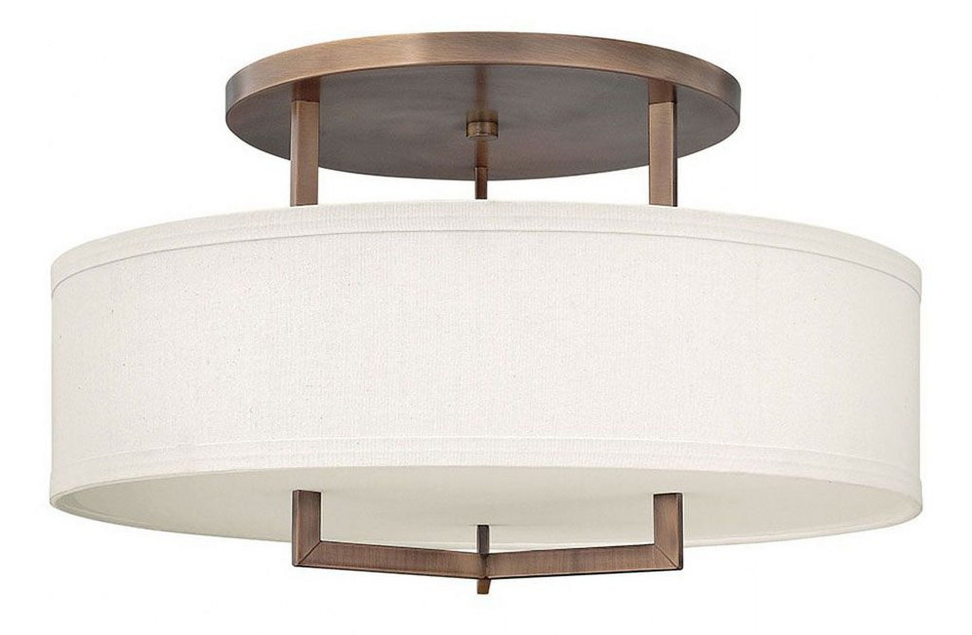 Brushed Bronze 26" Drum Semi-Flush Mount with Off-White Linen Shade