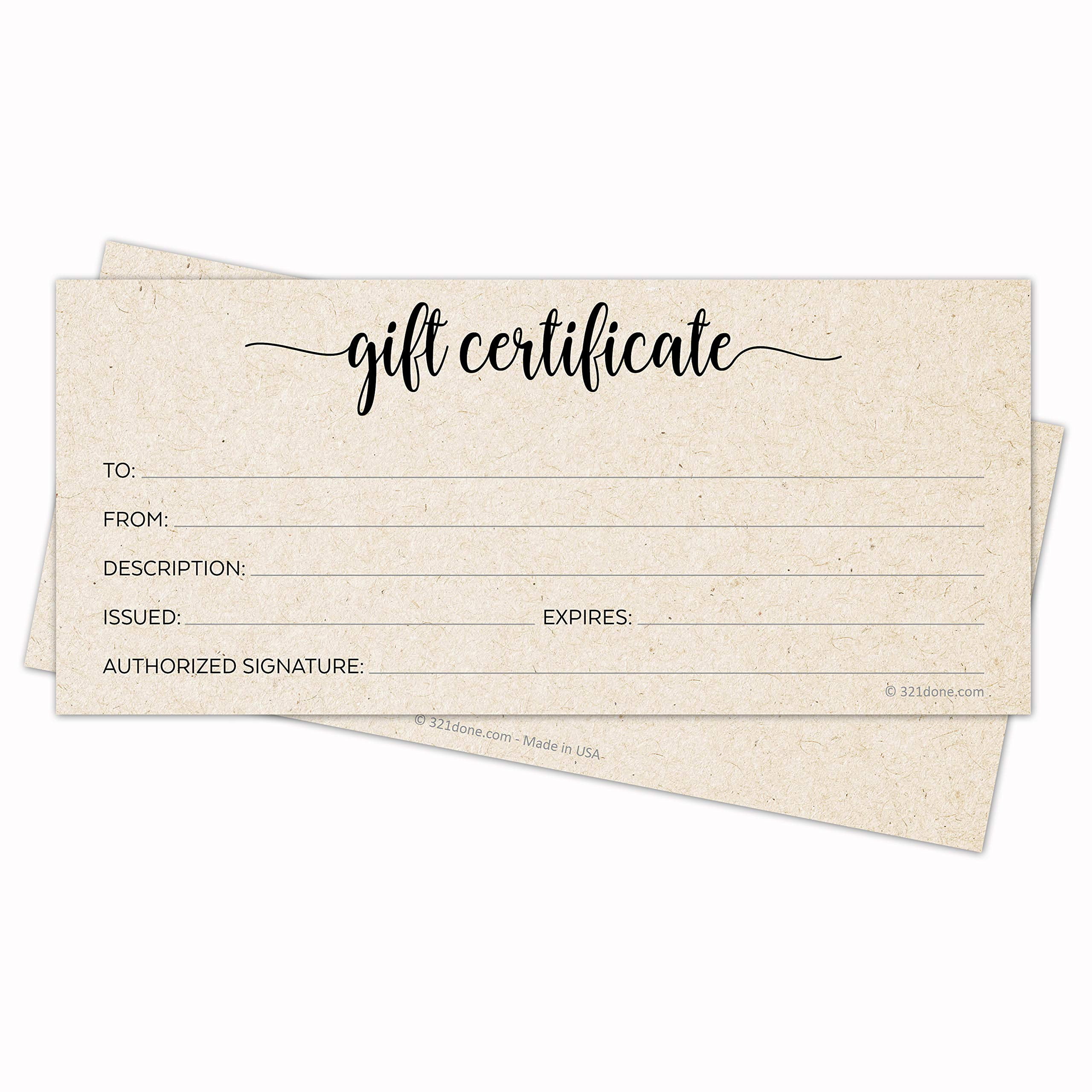 321Done Rustic Gift Certificates (Pack of 24) 4x9 Inches Blank Kraft Tan Minimalist for Small Business, Holiday, Christmas Voucher, Spa, Salon - Made in USA
