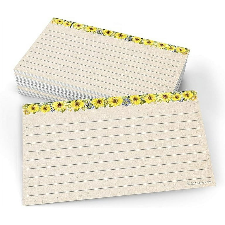 321Done Sunflower Index Cards - Made in USA - Small 3x5 (Set of 50) Rustic  Kraft Tan Narrow-Ruled Lined Notecards Double-Sided, Thick Heavy Duty  Cardstock, Cute Pretty Sun Flowers Floral Ruled Lines 