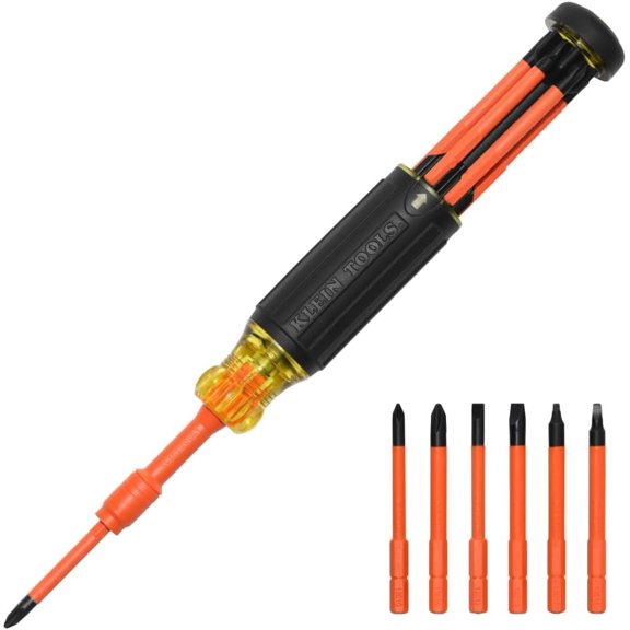 32306INS 6-in-1 Insulated Multi-Bit Screwdriver, Multi-Bit Driver with Auto-Locking Collar, 1000V Rated, In-Handle Bit Storage