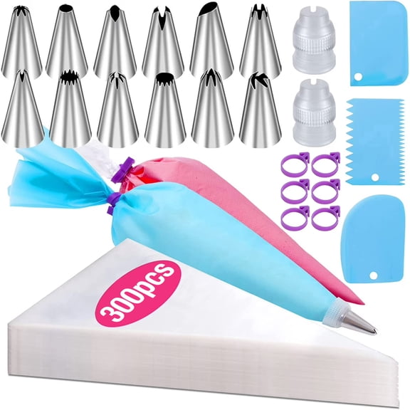 323Pcs Disposable Piping Bags and Tips Set - 12 Inch Pastry Bags with Reusable Tips, Icing Decorating Kit for Cakes, Cupcakes & Cookies