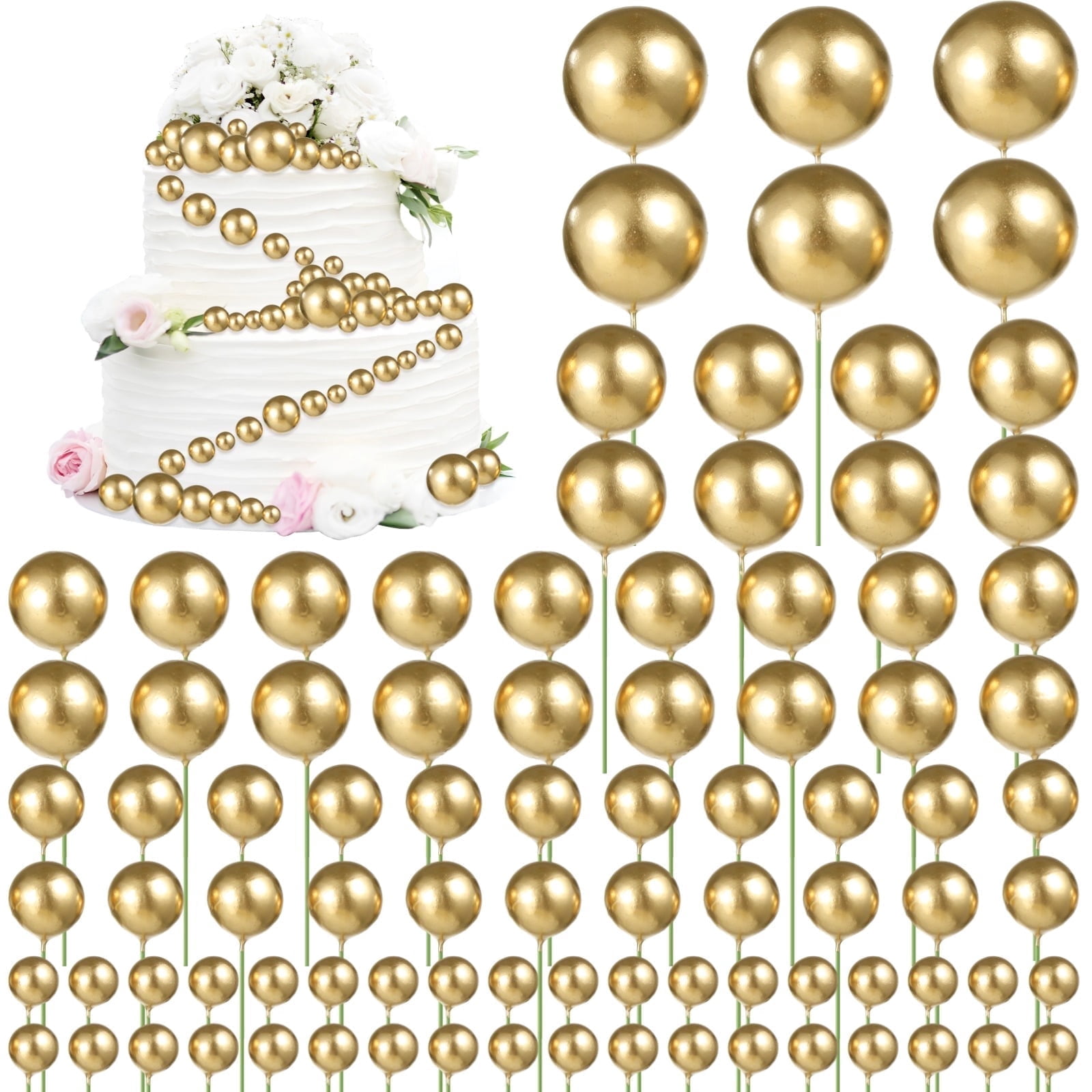 324 Pcs Gold Ball Cake Toppers - Mini Balloons Cake Toppers | Assorted Size Balls Cupcake Decorations, Plastic Food-Safe Globose DIY Cake Insert Topper for Wedding Birthday Shower Anniversary