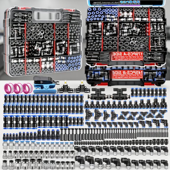 324-Piece Air Line Quick Connect Fittings Kit, Push to Connect, NPT Thread, 1/8" to 1/2", with Storage Case
