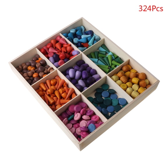 324Pcs Kids Wooden Rainbow Block Loose Parts Mushrooms Honeycomb Droplets Tree Cones for Creative Building Blocks