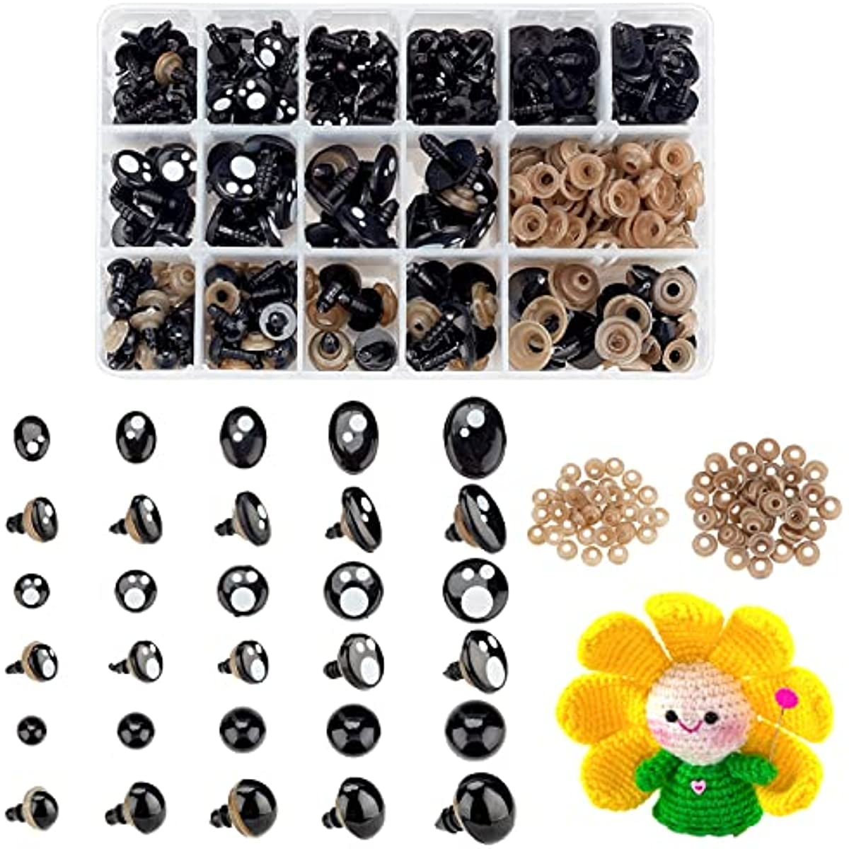 300pcs Black Crafts Eyes 5 Sizes Animal Eyes Round Domed Buttons Black Mushroom Eyes Sewing Shank Button Solid Eyes for Crochet Puppet Plush Stuffed