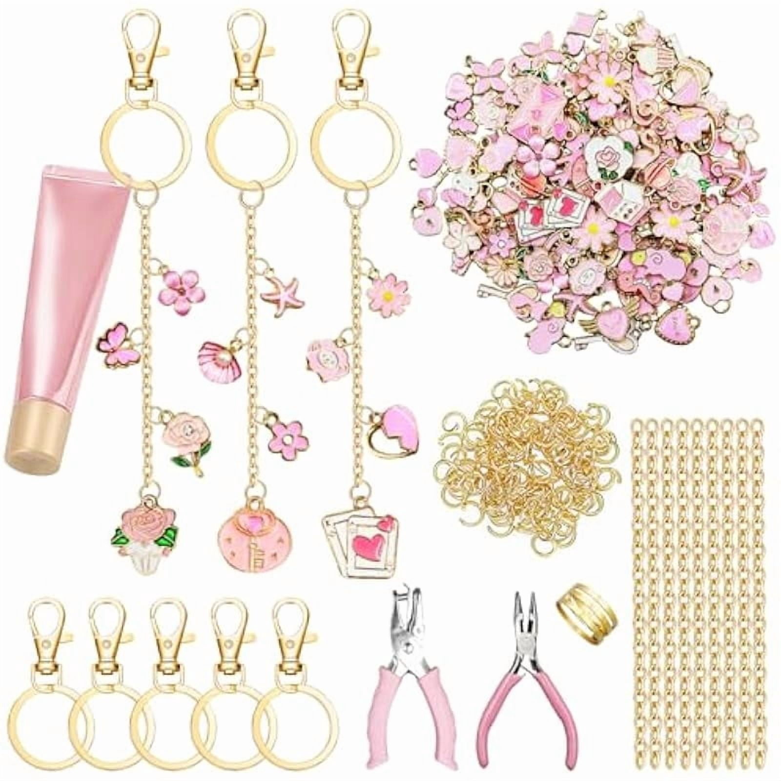 325 Pcs Pink Keychain Making Kit with Random Pendants, Pliers, Jump Rings, 8.2 ft Chains, Hole Punch, DIY Charms Lip Gloss Keychain Supplies for Jewelry Making, DIY Crafts